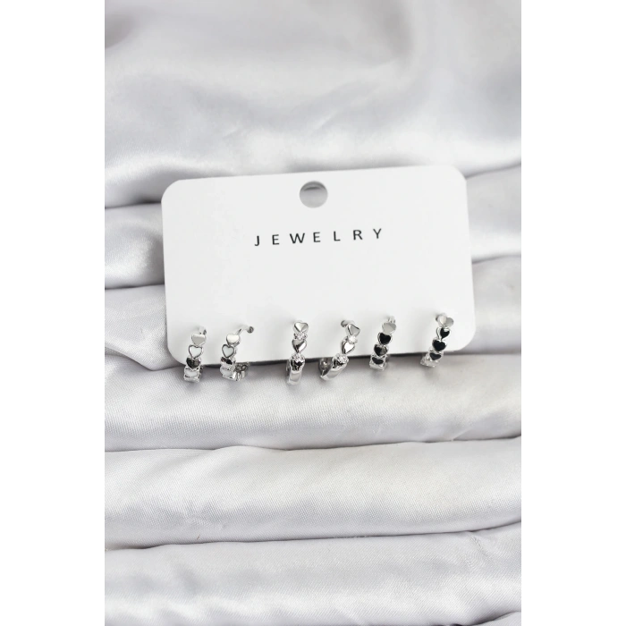 HEYF Gümüş Renk Pirinç Minimal Kalp Detaylı Kadın Küpe Seti