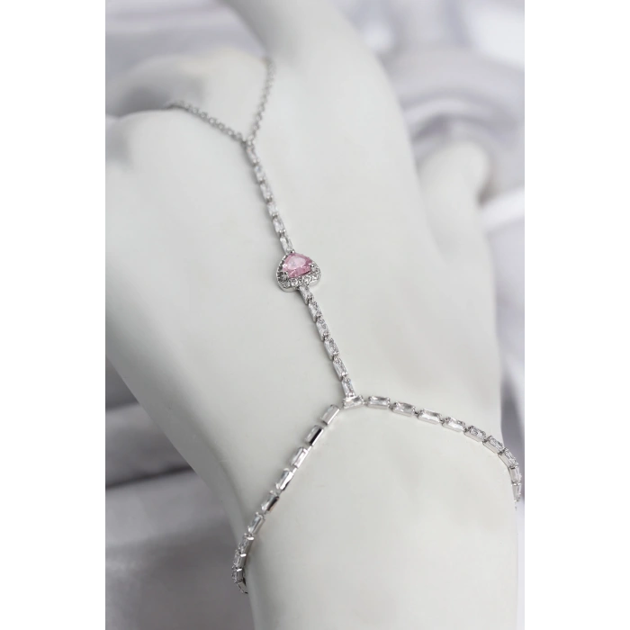 HEYF Gümüş Renk Pirinç Zirkon Taşlı Pembe Kalp Model Şahmeran