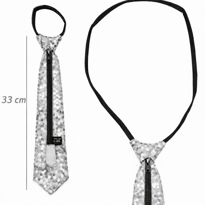 HEYF Gümüş Renk Pul Payetli Işıltılı Parti Kravatı 33 Cm