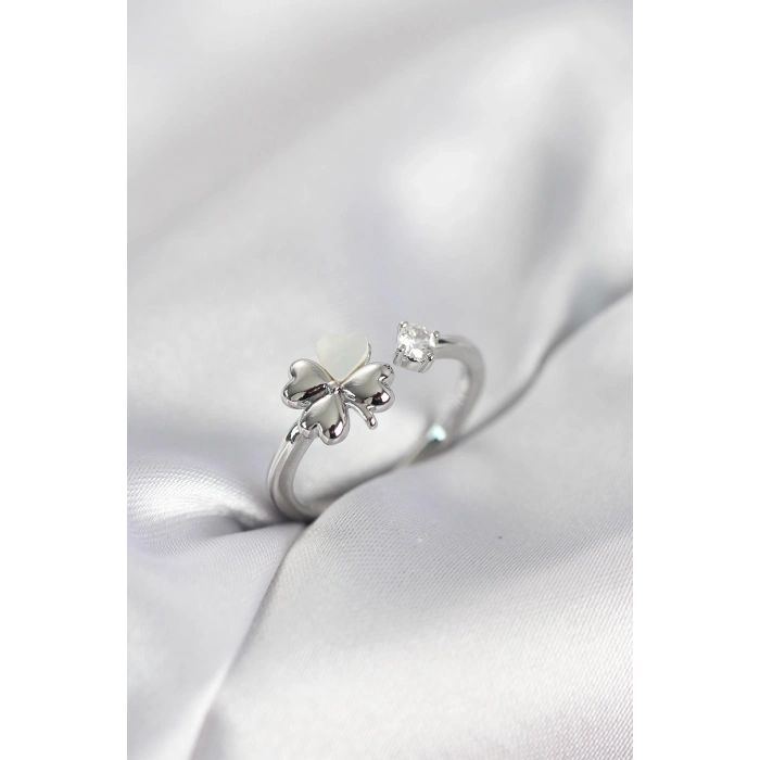 HEYF Gümüş Renk Yonca Model Sedefli Kadın Yüzük