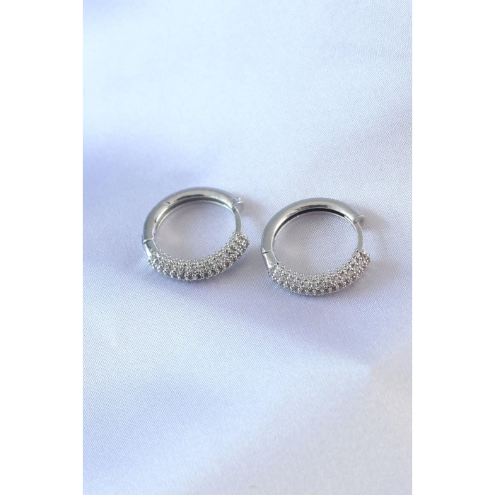 HEYF Gümüş Renk Zirkon Taşlı Halka Model Pirinç Kadın Küpe