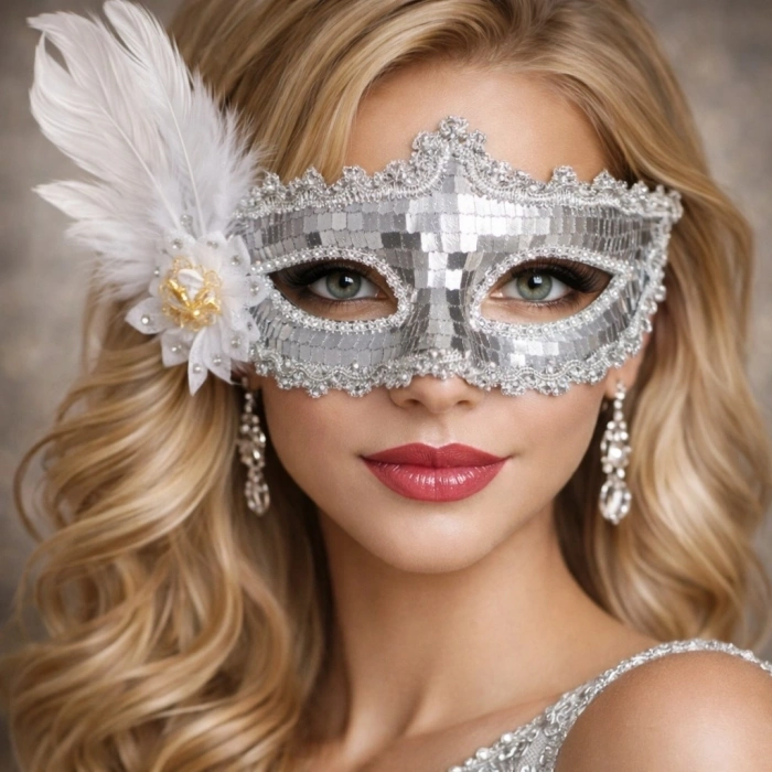 HEYF Gümüş Tüylü Payetli Lüks Taşlı Parti Maskesi