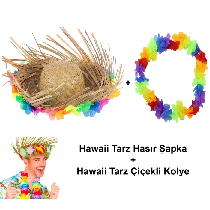 HEYF Hawaii Tarzı Tropikal Çiçekli Hasır Şapka Ve Çiçekli Hawaii Kolye