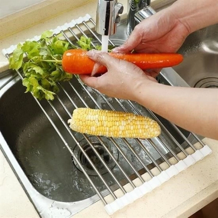 heyf HEYF® Evye Üstü Katlanır Nihale Paslanmaz Çelik Pratik Sebze Meyve Bulaşık Kurutma Süzgeci