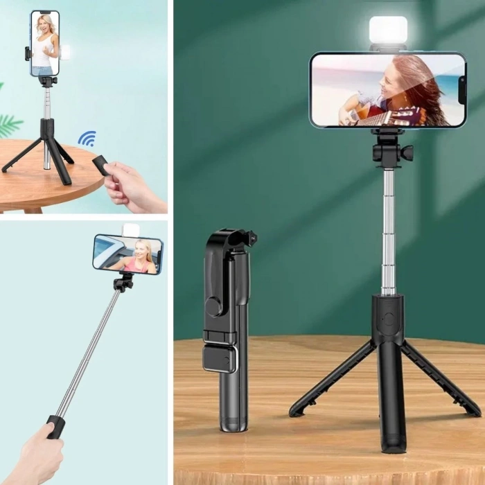 heyf HEYF® Kendiliğinden Işıklı Masaüstü Tripod Olabilen Telefon Tutuculu Kablosuz Kumandalı Selfie Çubuğu