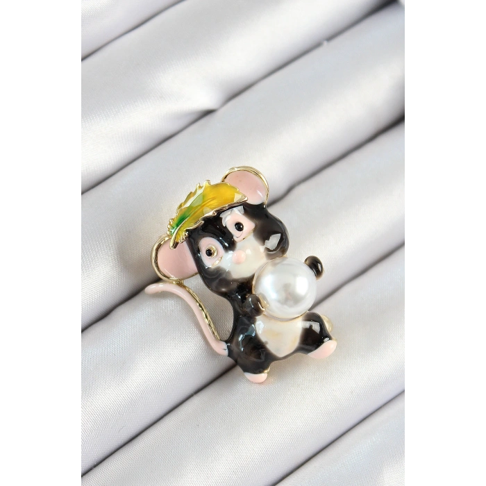 HEYF İnci Detaylı Siyah Ve Pembe 3D Sevimli Fare Figürlü Gold Renk Kadın Broş