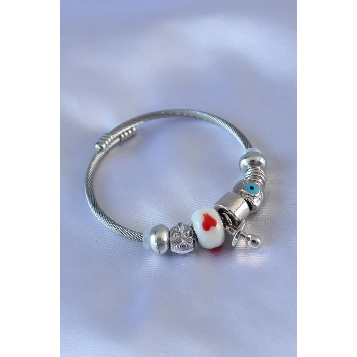 HEYF Kalp ve Nazar Boncuk Detaylı Charm Kadın Bileklik