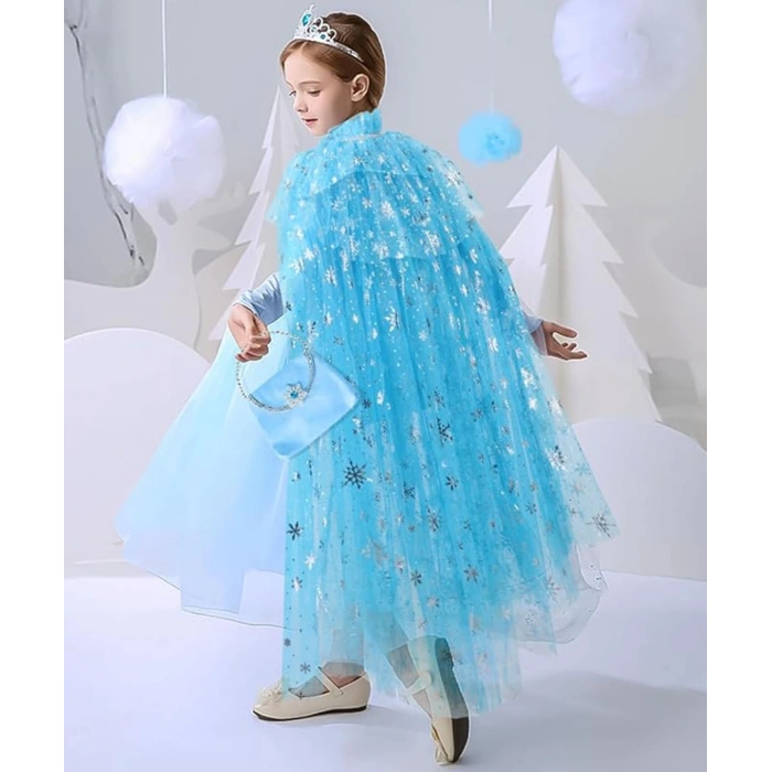 HEYF Karlar Ülkesi Elsa Frozen Mavi Pelerin – 80 Cm Kar Desenli Çocuk Pelerini ( Taç Hariç )