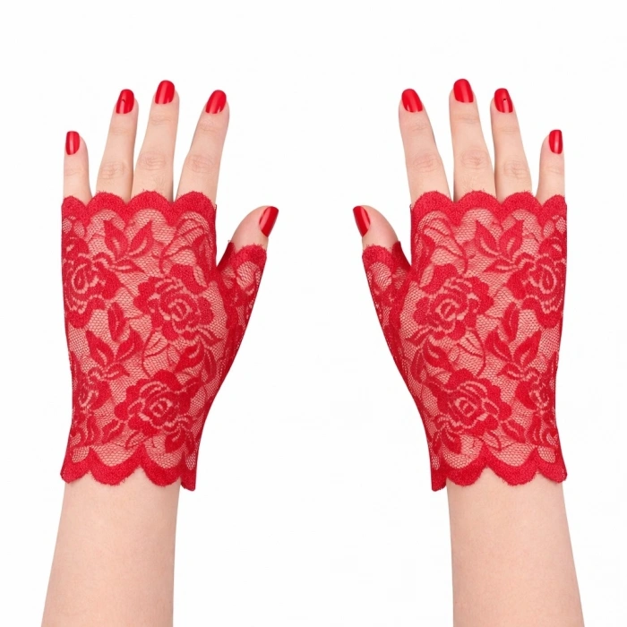 HEYF Kırmızı Dantel Parmaksız Kısa Eldiven