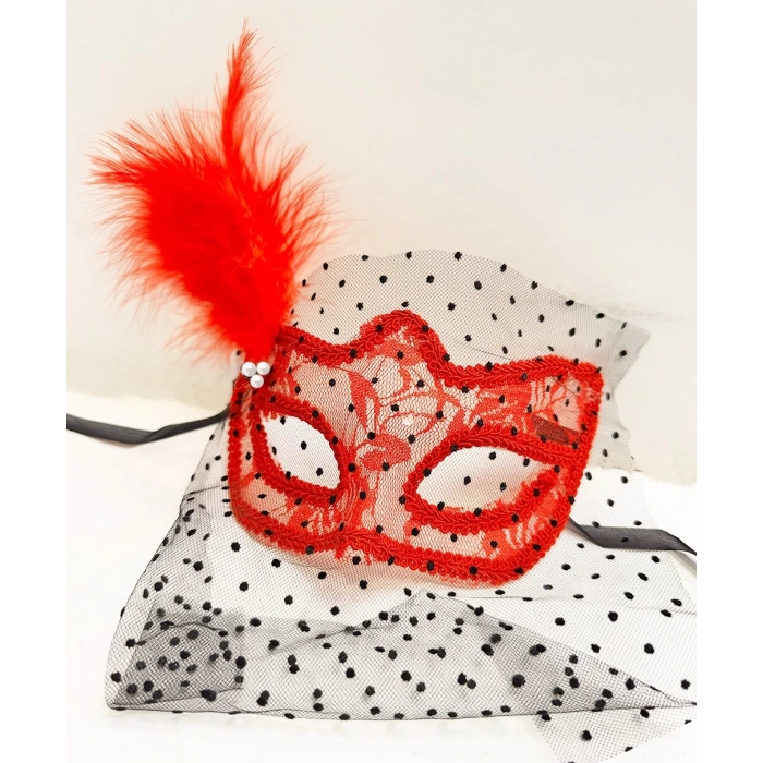HEYF Kırmızı Renk Dantelli Duvaklı İncili Parti Maskesi Balo