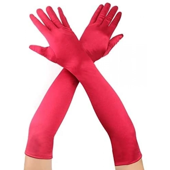 HEYF Kırmızı Renk Dirseğe Kadar Uzun Kumaş Eldiven 40 Cm