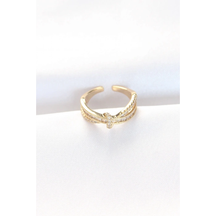 HEYF Kıvrım Model Gold Renk Zirkon Taşlı Ayarlanabilir Yüzük