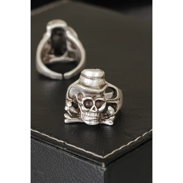 HEYF Kuru Kafa Tasarımlı Eskitme Gümüş Renkli Ayarlamalı Model Erkek Yüzük