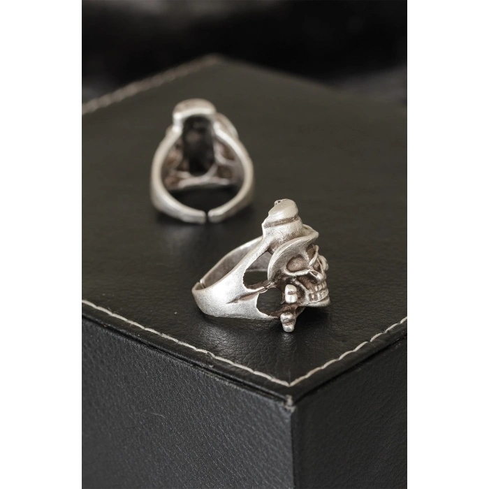 HEYF Kuru Kafa Tasarımlı Eskitme Gümüş Renkli Ayarlamalı Model Erkek Yüzük