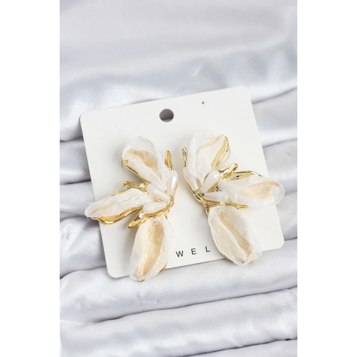 HEYF Lotus Model Beyaz Renk Tüllü Kadın Küpe