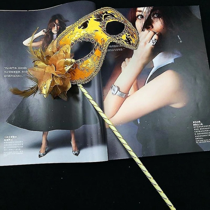 HEYF Lüks Taşlı Saplı Maskeli Balo Maskesi Altın Renk 35 Cm