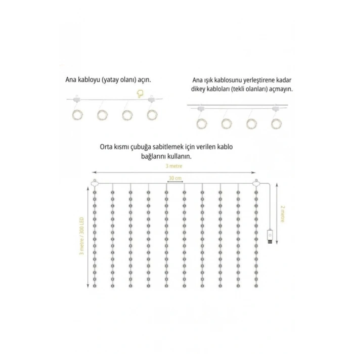 HEYF Lw-7 300 Ledli 10 Sarkıt Perde Led Işık, 8 Modlu Uzaktan Kumandalı, 3x3 Metre Peri Telli Led