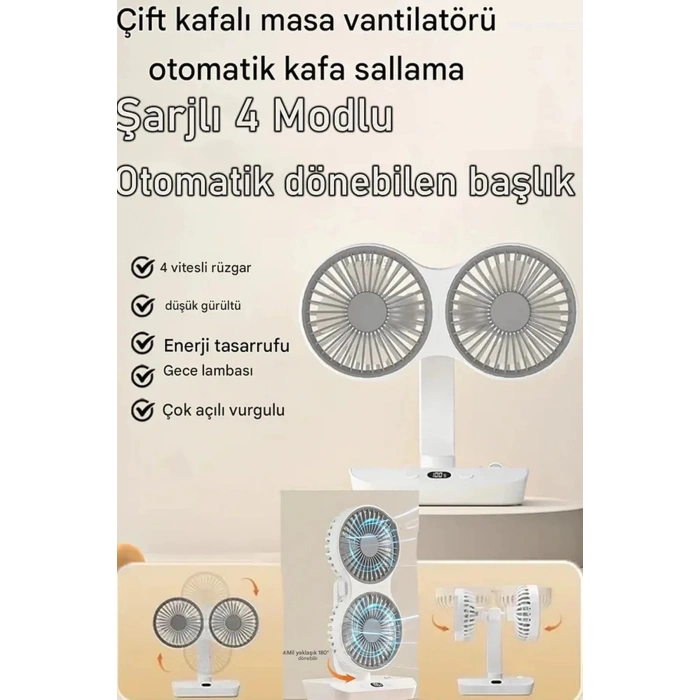 HEYF Masaüstü Dijital Ekranlı Çift Fanlı Led Işıklı Soğutucu Fan Ev Ofis Şarjlı Vantilatör