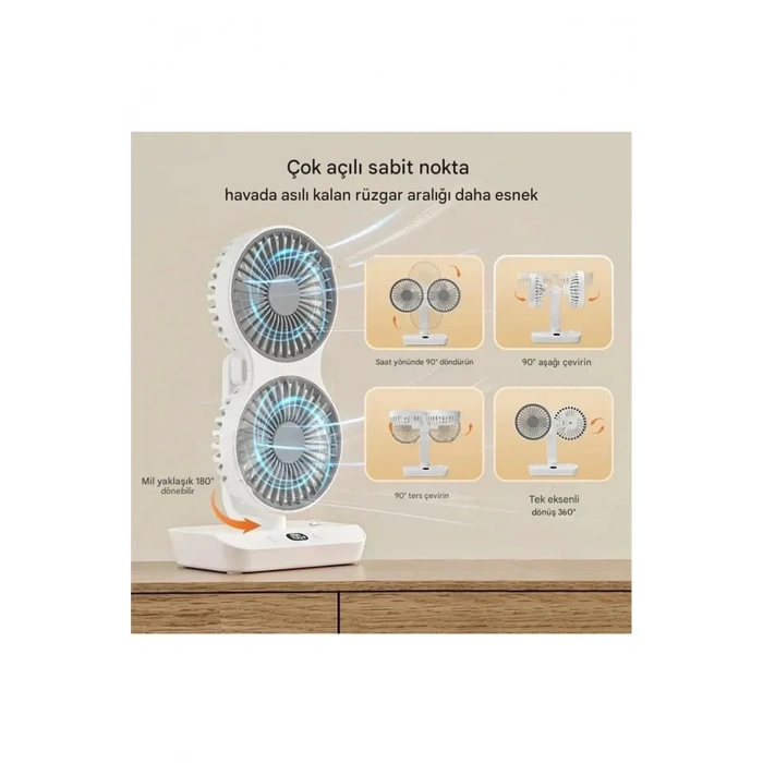 HEYF Masaüstü Dijital Ekranlı Çift Fanlı Led Işıklı Soğutucu Fan Ev Ofis Şarjlı Vantilatör