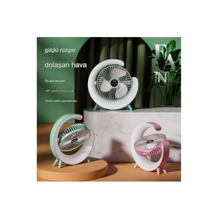 HEYF Masaüstü Vantilatör Usb Şarjlı Rgb Led Işıklı 3 Kademeli 180° Ayarlanabilir Soğutucu Fan Yeşil