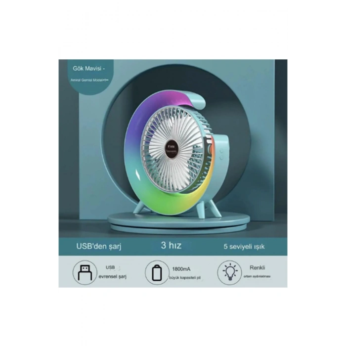 HEYF Masaüstü Vantilatör Usb Şarjlı Rgb Led Işıklı 3 Kademeli 180° Ayarlanabilir Soğutucu Fan Mavi