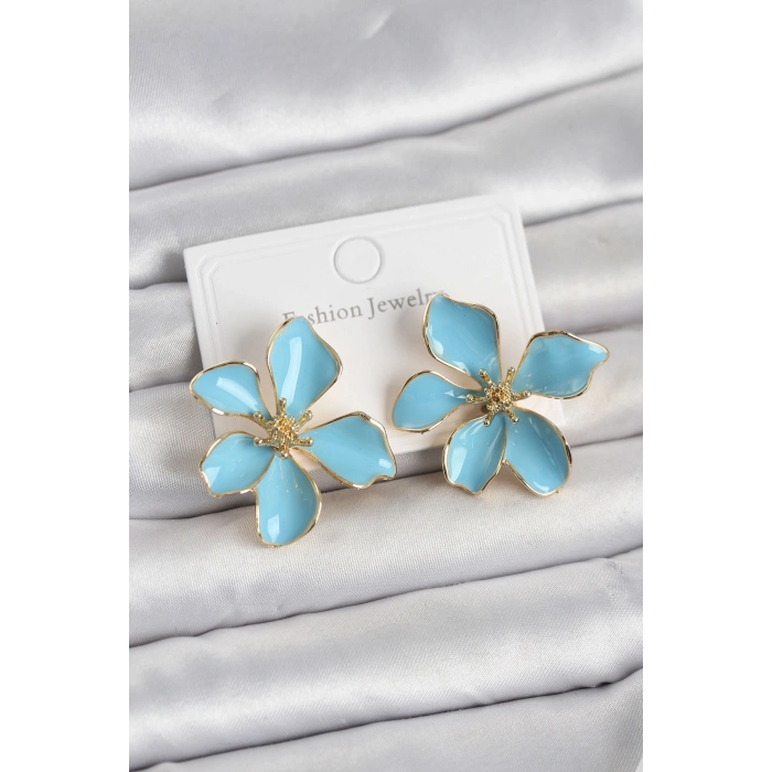 HEYF Mavi Mineli Çiçek Model Pirinç Kadın Küpe