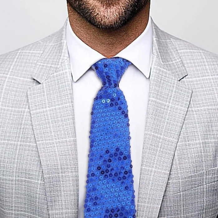 HEYF Mavi Pul Payetli Işıltılı Parti Kravatı 33 Cm