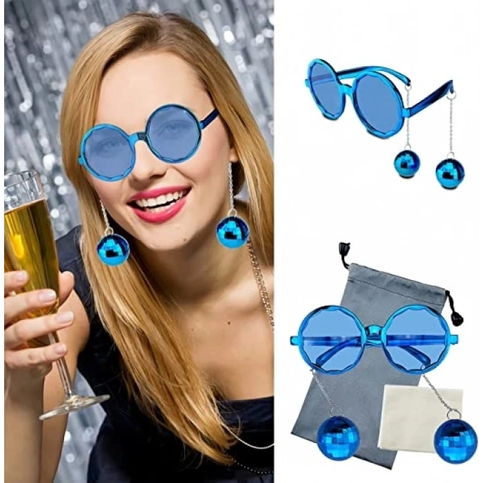 HEYF Mavi Renk Disko Toplu Küpeli Parlak Yılbaşı Parti Gözlüğü