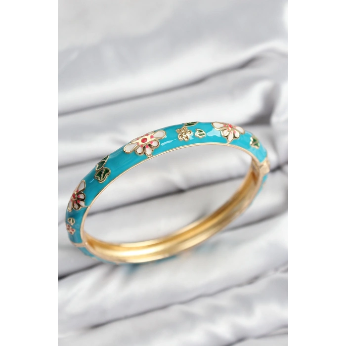 HEYF Mineli Pirinç Mavi Çiçek Motifli Gold Kadın Kelepçe