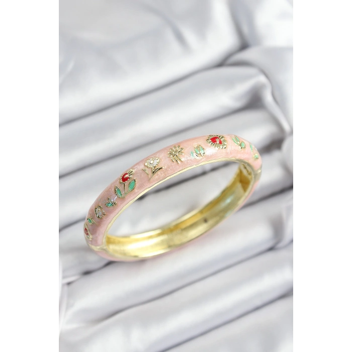 HEYF Mineli Pirinç Pembe Çiçek Motifli Gold Renk Kadın Kelepçe