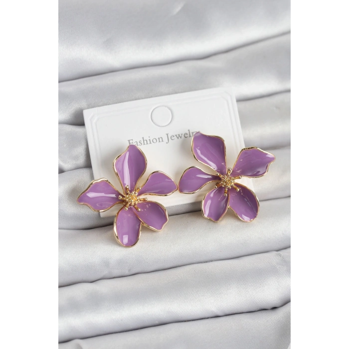 HEYF Mor Mineli Çiçek Model Pirinç Kadın Küpe