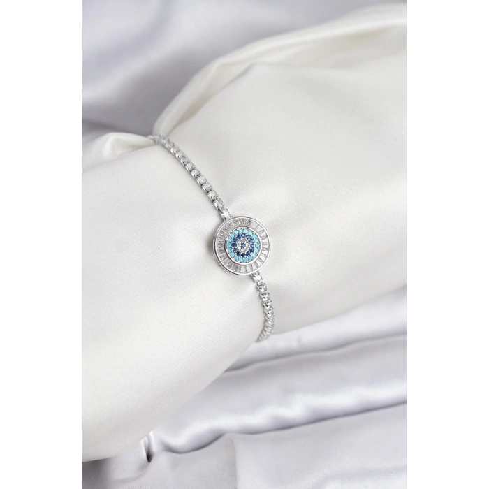 HEYF Nazar Model Zirkon Taşlı Gümüş Renk Asansörlü Su Yolu Bileklik