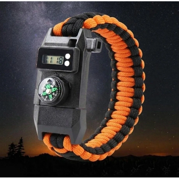 HEYF Paracord Dijital Saat Düdük Hayatta Kalma Turuncu Kamp Bilekliği