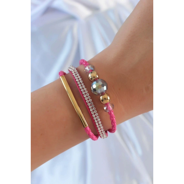 HEYF Pembe Renk Zirkon Taşlı Deri Çoklu Bileklik