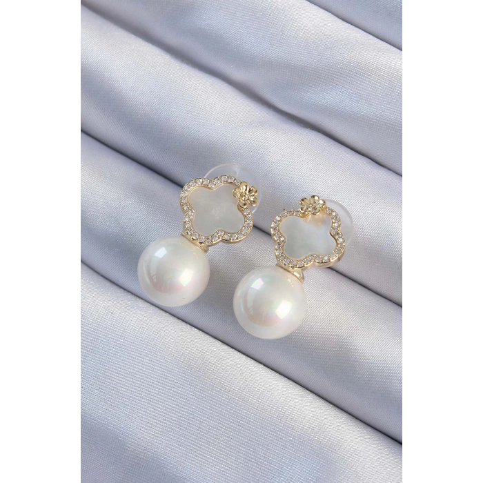 HEYF Pirinç Altın Renk Zirkon Taşlı Minimal Çiçek Tasarımlı Kadın Küpe