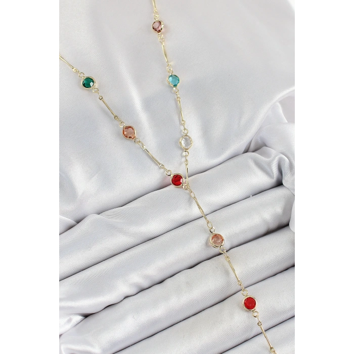 HEYF Pirinç Asorti Model Gold Renk Zirkon Taşlı Y Kolye