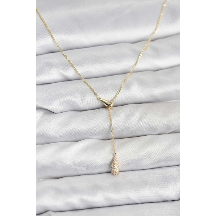 HEYF Pirinç Gold Renk Asansörlü Damla Model Kadın Kolye