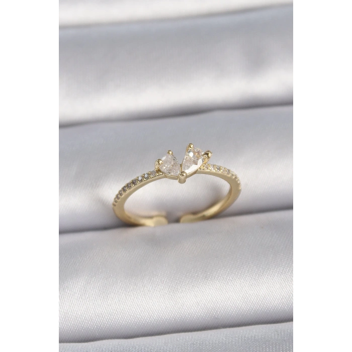 HEYF Pirinç Gold Renk Ayarlanabilir Zirkon Taşlı Kalp Model Kadın Yüzük