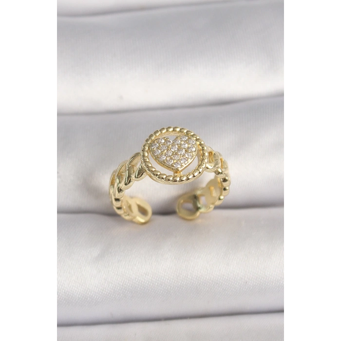 HEYF Pirinç Gold Renk Ayarlanabilir Zirkon Taşlı Kalp Model Kadın Yüzük