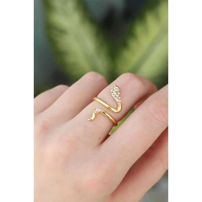 HEYF Pirinç Gold Renk Ayarlanabilir Zirkon Taşlı Yılan Yüzük