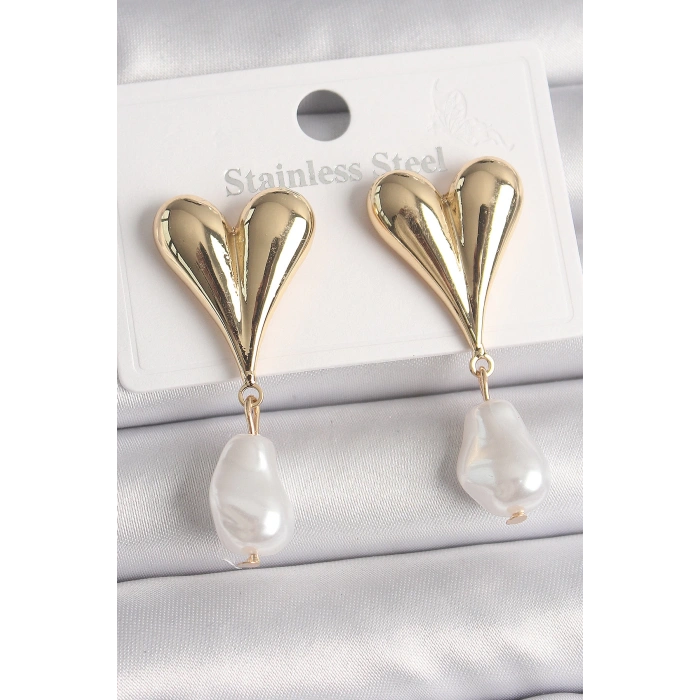 HEYF Pirinç Gold Renk Kalp Model Sallantı İnci Damla Model Kadın Küpe