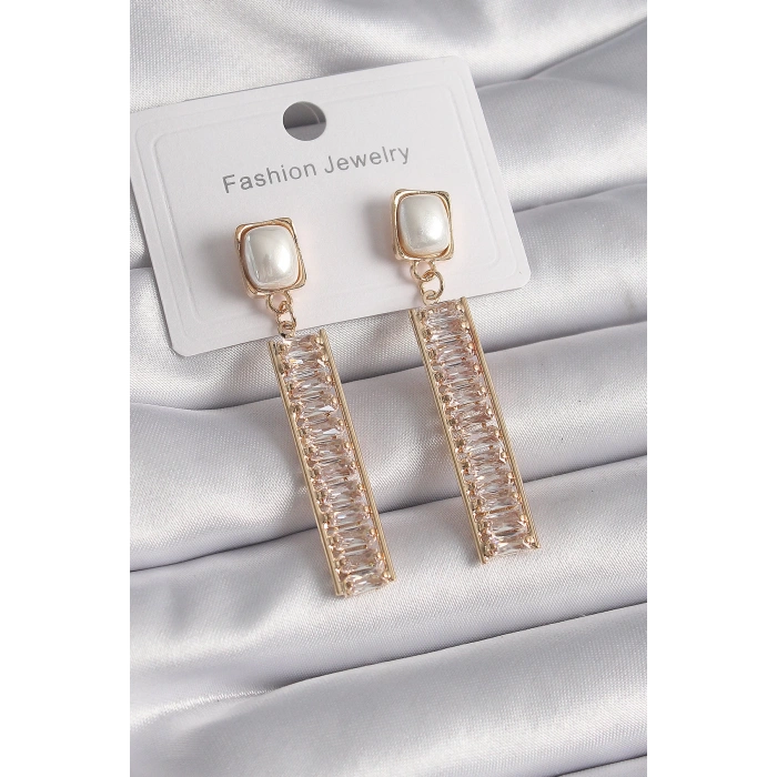 HEYF Pirinç Gold Renk Kare İnci Zirkon Taşlı Su Yolu Model Kadın Küpe