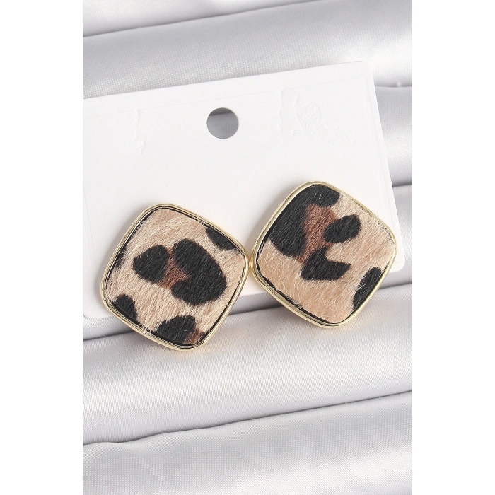 HEYF Pirinç Gold Renk Kare Leopar Model Kadın Küpe