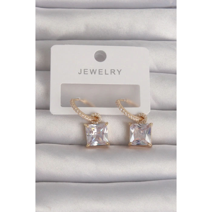 HEYF Pirinç Gold Renk Kare Zirkon Taşlı Halka Küpe