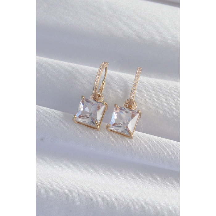 HEYF Pirinç Gold Renk Kare Zirkon Taşlı Halka Küpe