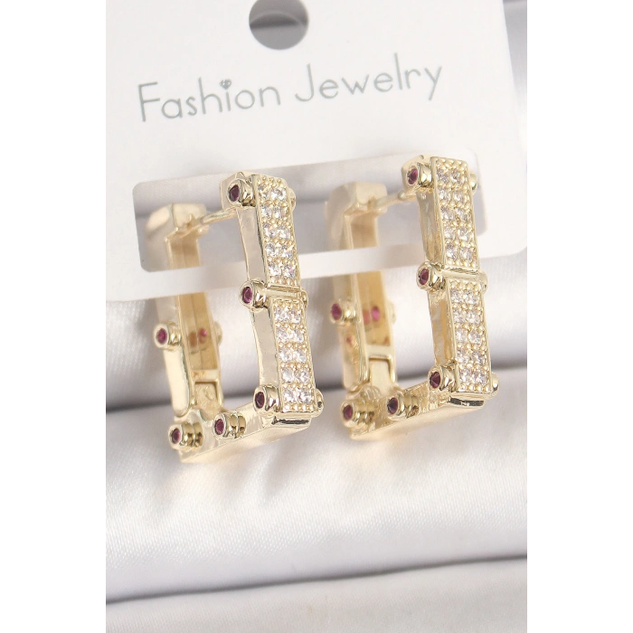 HEYF Pirinç Gold Renk Kare Zirkon Taşlı Kadın Küpe