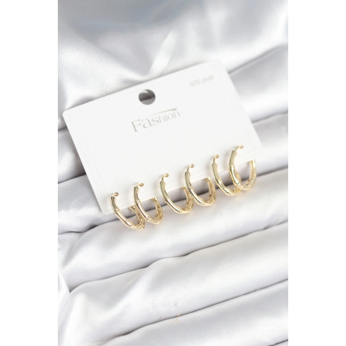 HEYF Pirinç Gold Renk Kemik Halka Model 925 Ayar Gümüş Çivili Kadın Küpe Seti