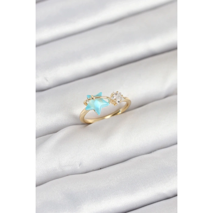 HEYF Pirinç Gold Renk Mavi Yıldızlı Model Kadın Yüzük