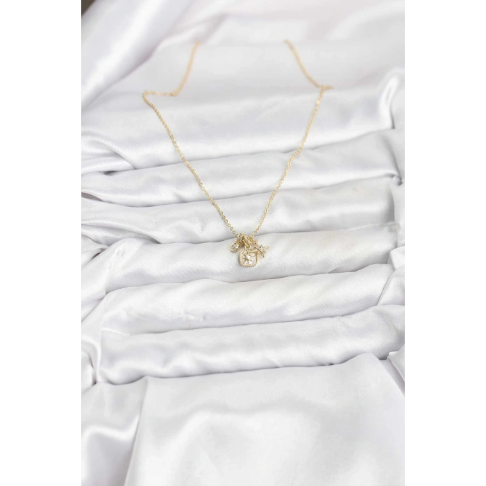 HEYF Pirinç Gold Renk Minimal Charmlı Kadın Kolye