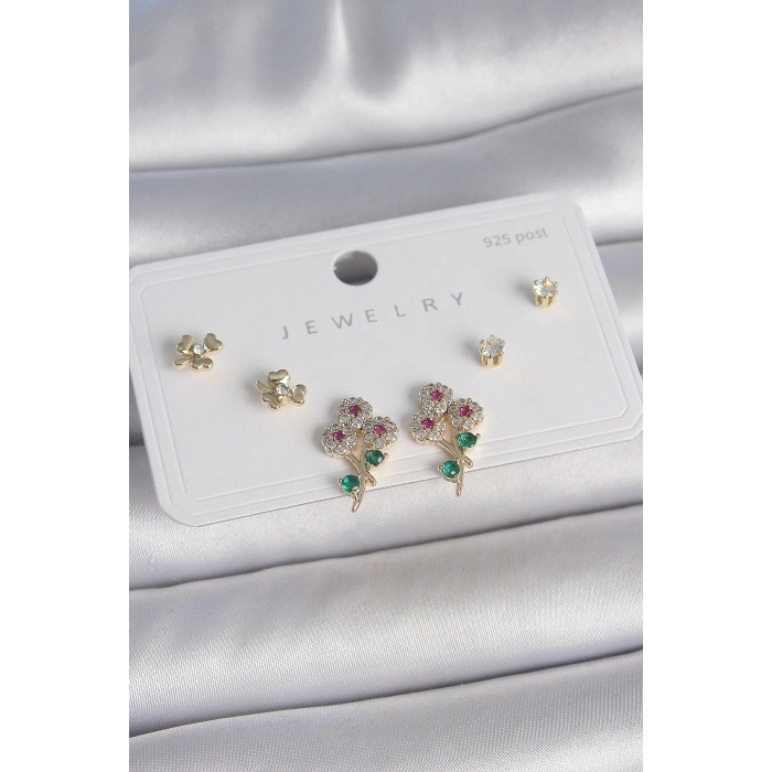 HEYF Pirinç Gold Renk Renkli Zirkon Taşlı Çiçek Model Yaprak Detay 925 Ayar Gümüş Çivi Kadın Küpe Seti